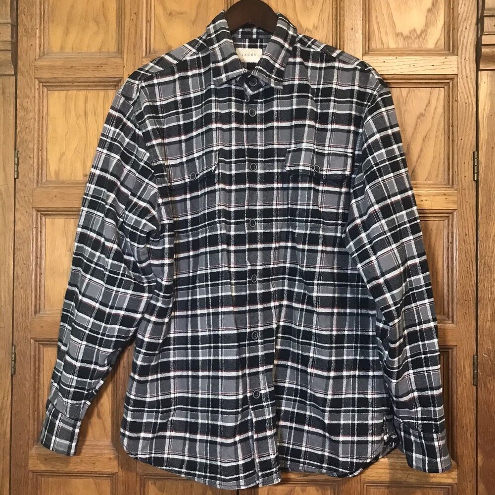 Jachs Brawny 9 oz. Flannel Shirt Men's XL Button Up Black White Plaid Shacket - Picture 2 of 11